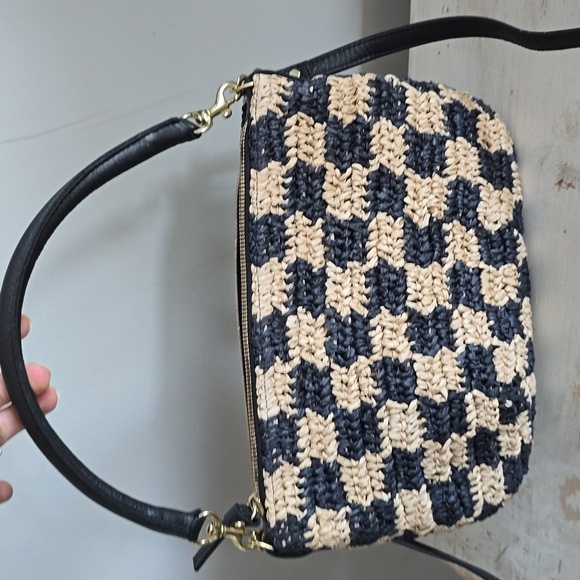 Clare V. Petit Moyen Leather Messenger Bag - Black/Natural Checker Raffia - Picture 2 of 15